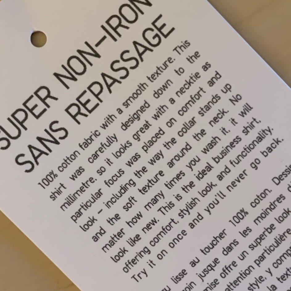 A close up of a product hang tag